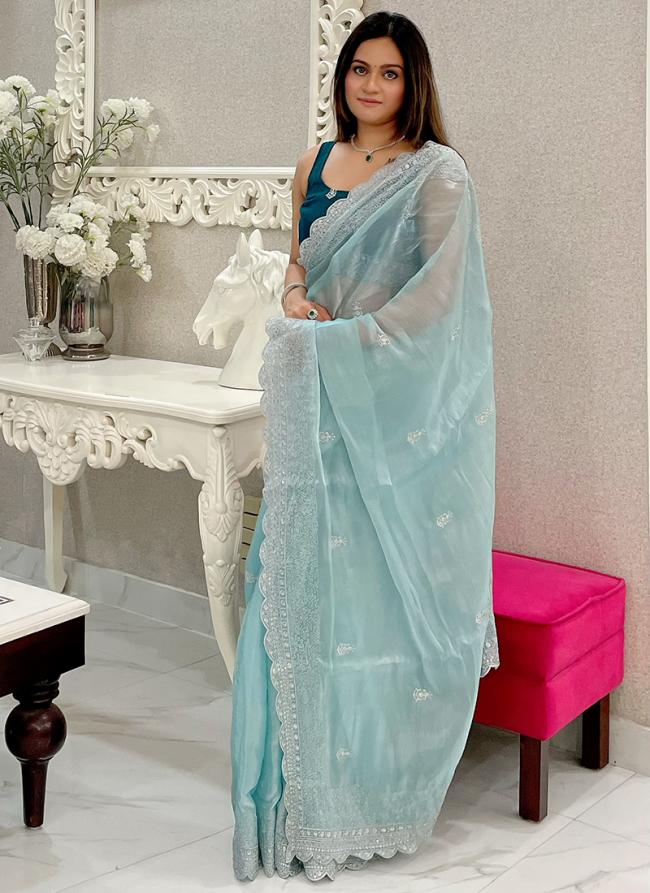 Burburry Silk Sky Blue Party Wear Sequins Work Saree